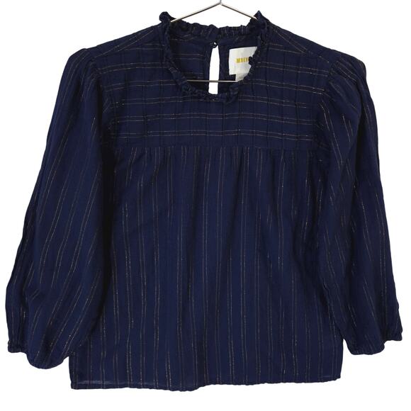 Anthropologie Maeve Blouse Womens XS Navy Gold Striped Reston Ruffle Neck Top - Picture 1 of 9